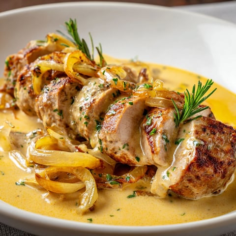 Sur une assiette blanche, un filet de porc nappé de lait de coco.