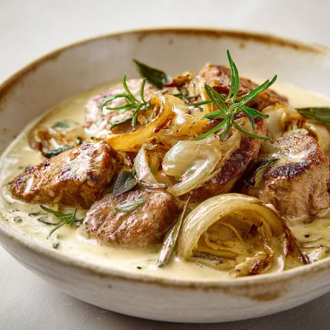 Assiette de filet mignon de porc nappée d’oignons caramélisés, des herbes fraîches et une sauce onctueuse en accompagnement.