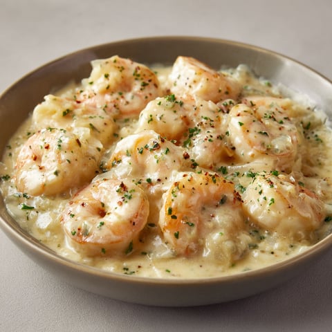 On retrouve un plat de crevettes à la crème dans un bol.