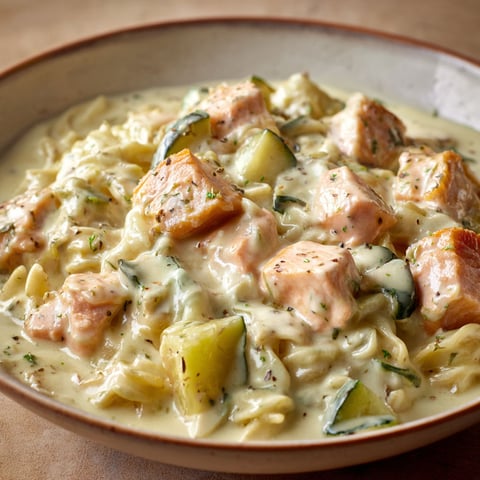 Dans un bol, une blanquette de saumon, pâtes et courgettes attend d’être dégustée à table.