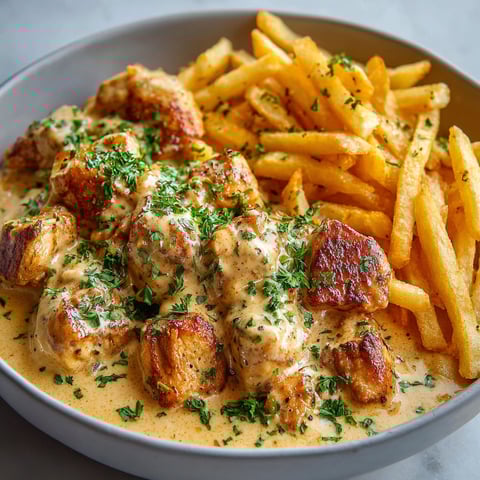 Assiette servie avec bouchées de poulet couvertes de sauce crème et des frites dorées