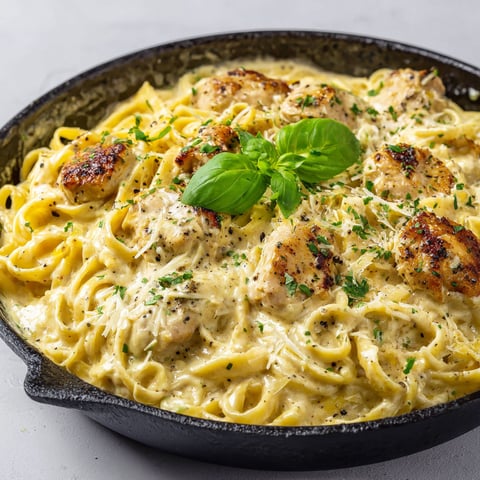 Dans un bol noir, un joli mélange de pâtes, poulet et sauce moutarde crémeuse prêt à être savouré.