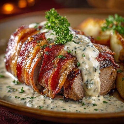 On découvre un filet mignon de porc au Boursin et lard, posé sur une belle assiette en terre cuite, avec patates et herbes fraîches.
