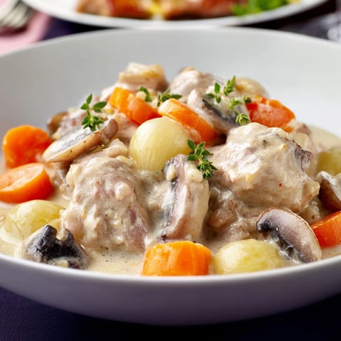 On a servi une délicieuse blanquette de veau aux légumes toute chaude à table.