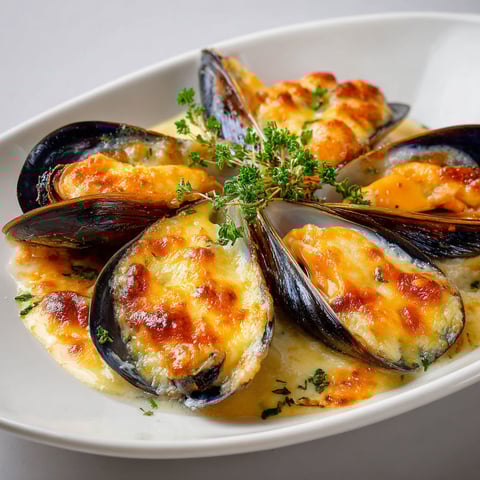 Moules dorées, crème fondante et fromage.