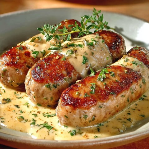 Une belle assiette en porcelaine avec des andouillettes nappées de moutarde à l’ancienne.