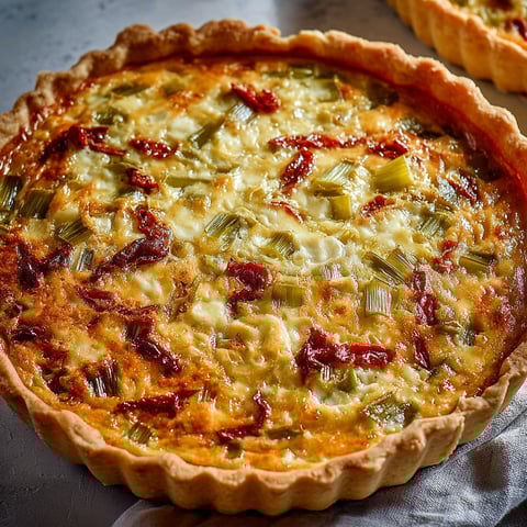 Sur une table, une belle part de quiche aux poireaux, fromage et tomates séchées attend d’être goûtée.