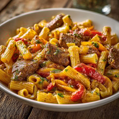 Assiette de pâtes au bœuf sauté et poivrons colorés posée sur une table en bois.