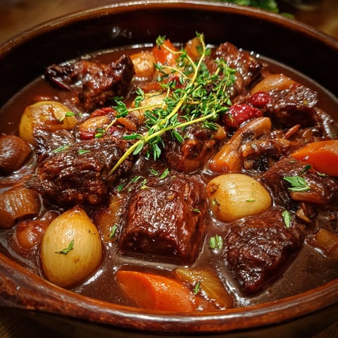 Civet de sanglier à la bourguignonne dans une assiette, garni de légumes savoureux et d'herbes fraîches.