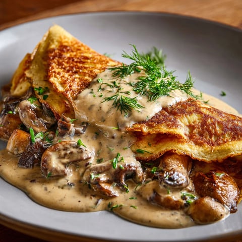Une pile de pancakes nappée d’une sauce crémeuse aux champignons et herbes fraîches.