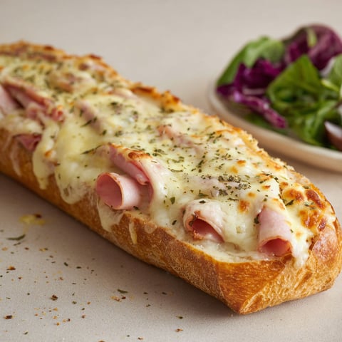 Gros plan sur une baguette gratinée garnie de jambon de poulet et de fromage bien doré.