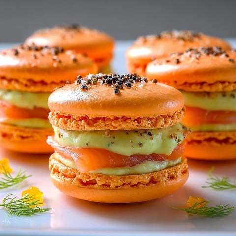 Macarons salés au saumon fumé et crème d’avocat citron, bouchées fondantes pleines de saveurs.