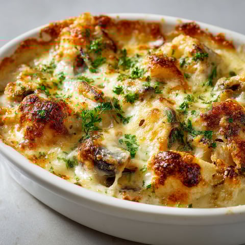 Bol blanc rempli d’une cassolette gratinée au poisson blanc et moules, toute dorée.