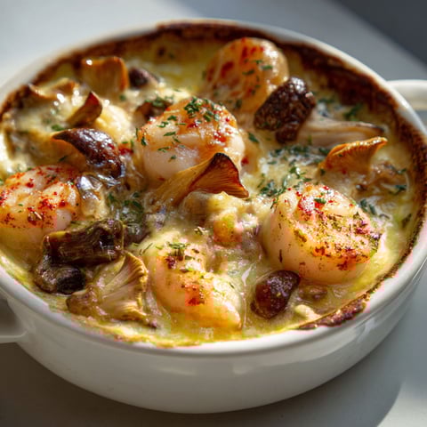 Noix de Saint-Jacques et gambas avec girolles, nappés d'une sauce Noilly Prat.