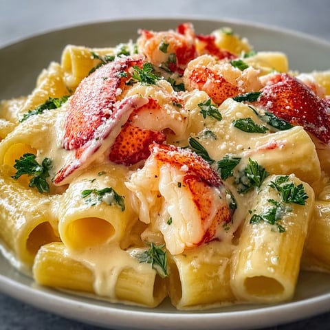 Assiette de rigatoni et homard dans une sauce au parmesan toute crémeuse.