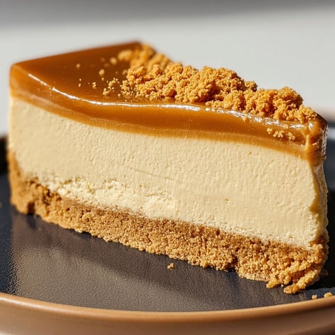 Belle part de gâteau sans cuisson au spéculoos et crème, servie sur une assiette.