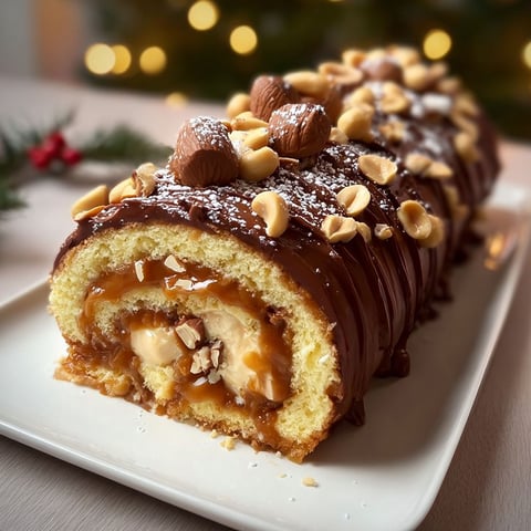 Voici une délicieuse bûche pleine de caramel, cacahuètes et vanille, à savourer tout de suite.