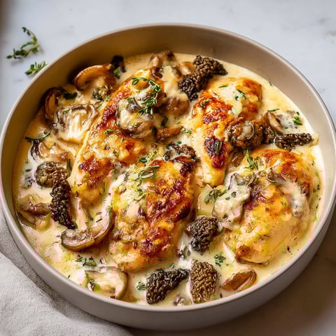 Cassolettes de suprême de volaille aux morilles avec sauce crémeuse.