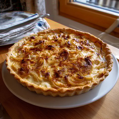 On voit une belle tarte à l’oignon et reblochon servie sur une planche.