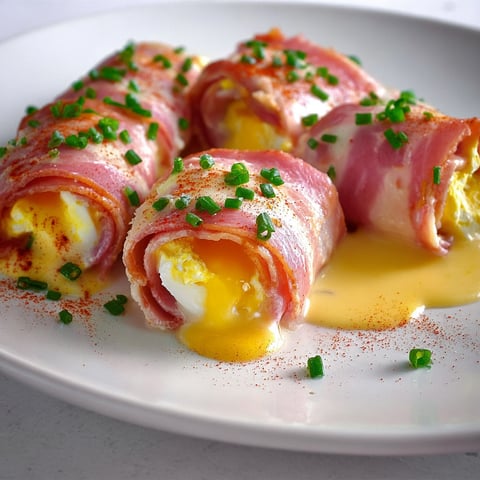 Petits rouleaux de jambon frais garnis aux œufs mimosa.