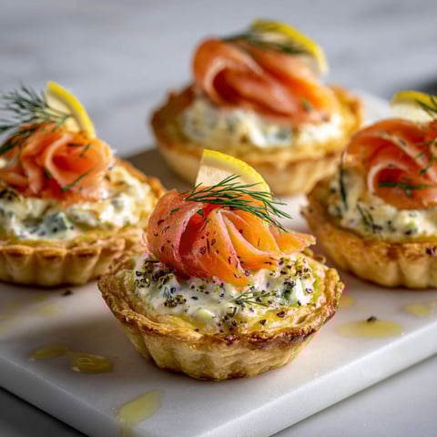 Bouchées apéro saumon fumé et fromage frais sur un joli plateau en marbre.