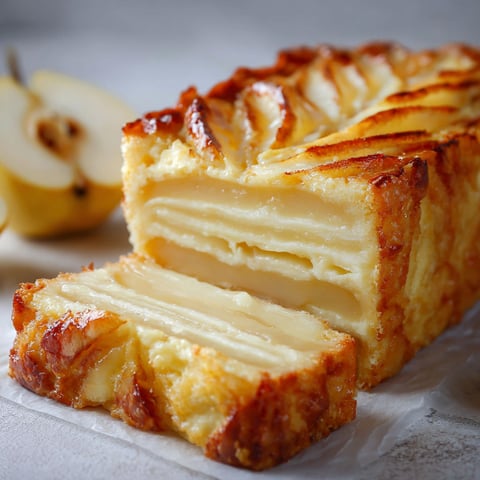 Part de gâteau invisible aux poires et vanille posée sur une poire en fond.