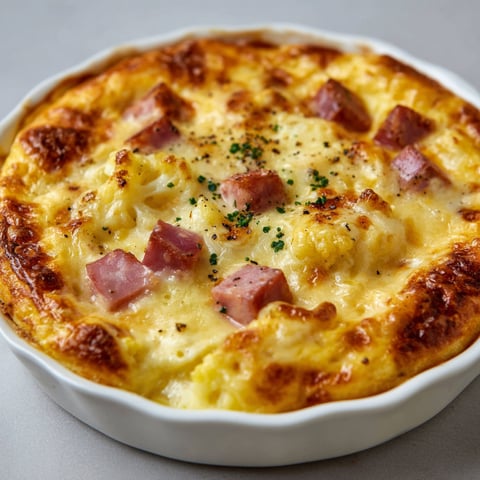 Dans un grand bol blanc, du clafoutis léger au chou-fleur et morceaux de jambon.