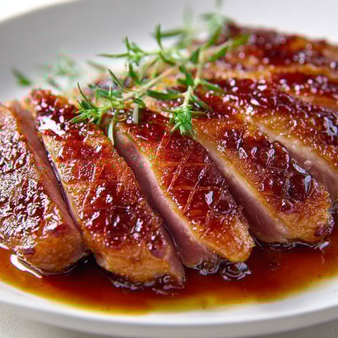 Quelques tranches de magret de canard poêlé avec une sauce brillante au miel et balsamique par-dessus.