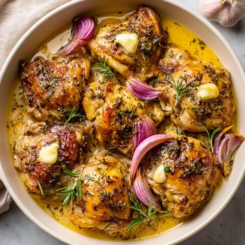 Plat convivial de cuisses de poulet bien tendres au vin blanc avec romarin.