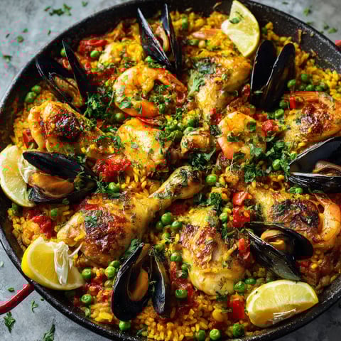 Un plat de paella avec poulet, plein de légumes, tomates, poivrons, oignons, patates et épinards bien frais.