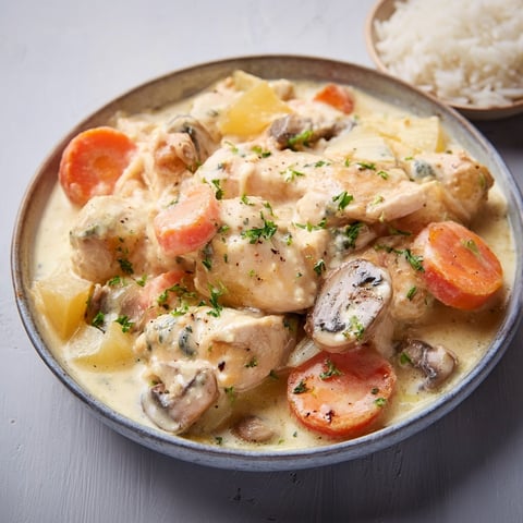 Sur la table, on découvre une assiette de poulet nappée d'une sauce au bleu d'Auvergne.