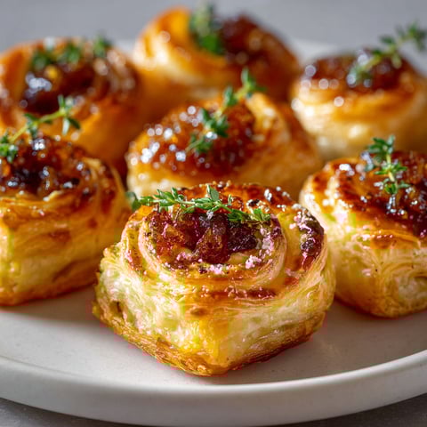 Assiette garnie de bouchées fromagères dorées au confit d’oignons.