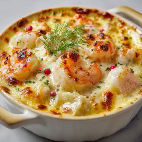 On voit une cassolette gratinée aux fruits de mer, remplie de moules, langoustines, herbes, servie dans un petit bol.