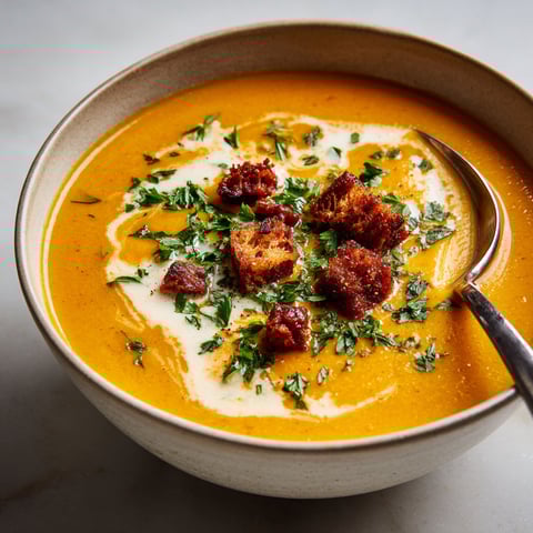 On découvre un bol en céramique rempli d’une crème toute douce à la carotte, patate douce et chorizo.