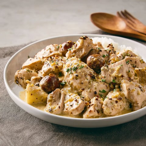 Un plat de dinde sautée aux châtaignes nappé d’une sauce moutardée.