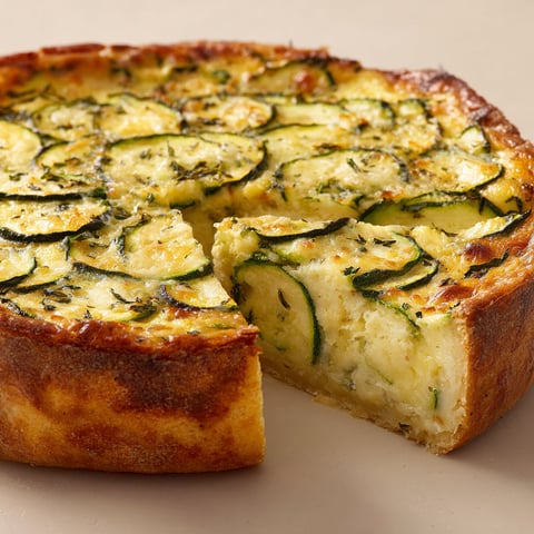 Une belle part de flan aux courgettes posée sur la table.