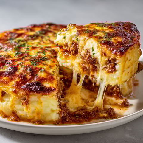 Une part de gratin de pommes de terre et viande hachée bien dorée sur un plat.