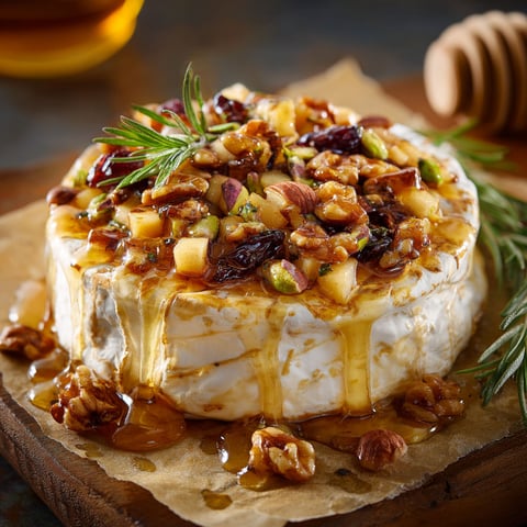 Sur une plaque, tu vois un gros brie bien doré avec pommes, sirop d’érable, noix et un peu d’herbes posées dessus.