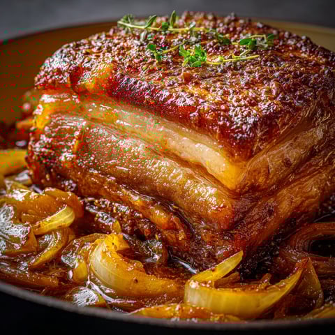 Grosse pièce de cochon confit nappée d’une sauce à la bière et à l’érable.