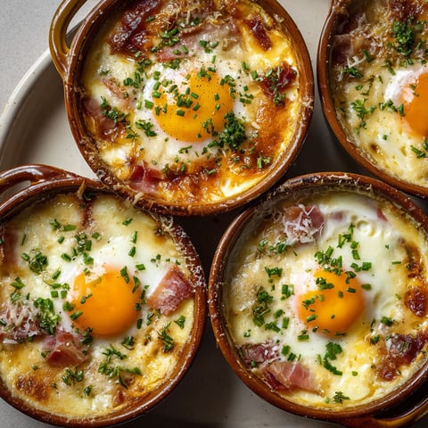 Quatre ramequins de délicieux œufs cocottes façon Laurent Mariotte bien campagnards.