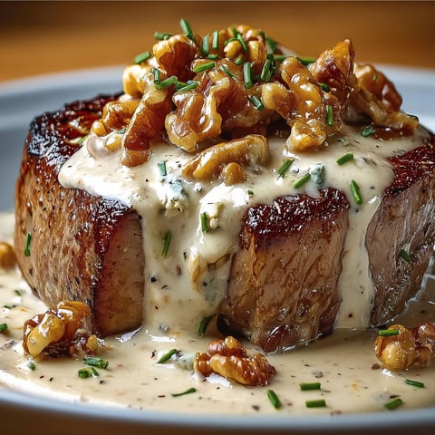Un filet mignon tendre arrosé de sauce roquefort sur une belle assiette.