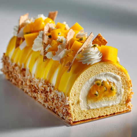 Une bûche douce à la mangue garnie de noix de coco et de fruits, posée sur une nappe blanche, ultra gourmande.