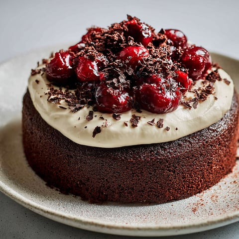 Sur un joli plateau, un forêt-noire simple et prêt à être partagé.