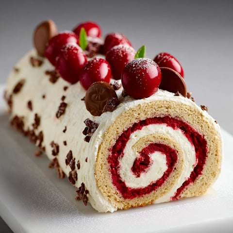 Une bûche roulée couverte de cerises et de chocolats façon Schoko-Bons Kinder.