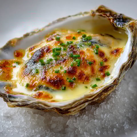 Sur la table, une huître gratinée au champagne attend d’être dégustée.