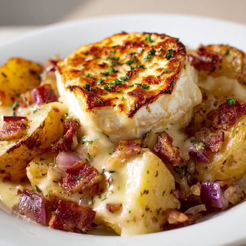 Une belle part de tartiflette pommes de terre, bacon et fromage servie dans un bol convivial.