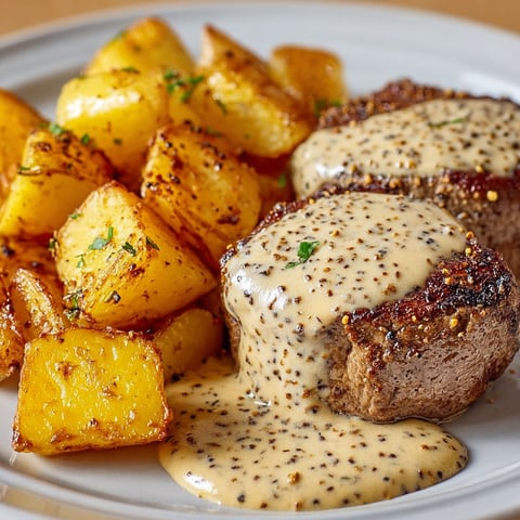 Plat de viande dorée, sauce moutardée et pommes de terre rôties à l’assiette.