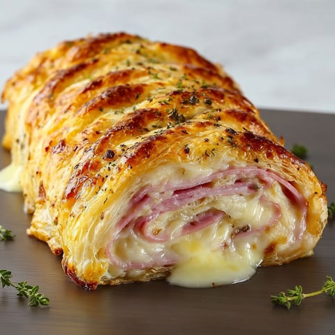 Un roulé feuilleté tressé au jambon et fromage hyper appétissant prêt à être servi.