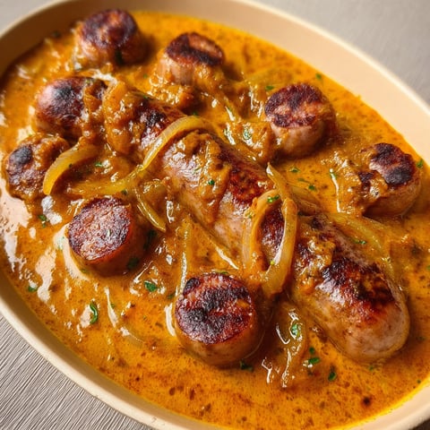 Plat savoureux de saucisses au curry doux et crème à tomber.