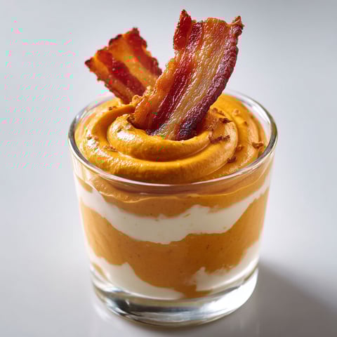 Une jolie verrine de mousse de patate douce surmontée de bacon tout croustillant.